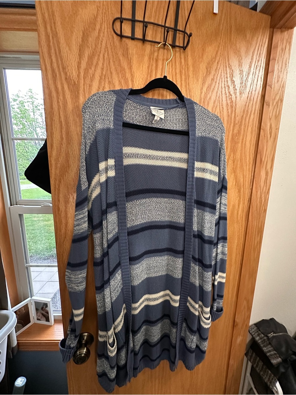 St. John's Bay Blue and Cream Striped Knit Cardigan